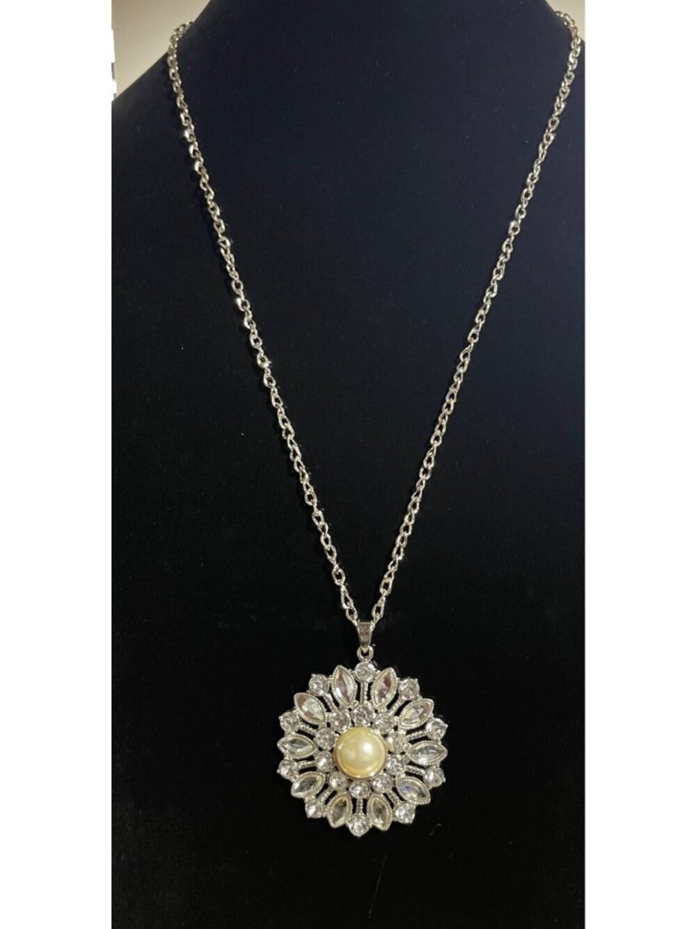 Statement Necklace Sunflower Pendant Faux Pearl and Rhinestones Costume Jewelry